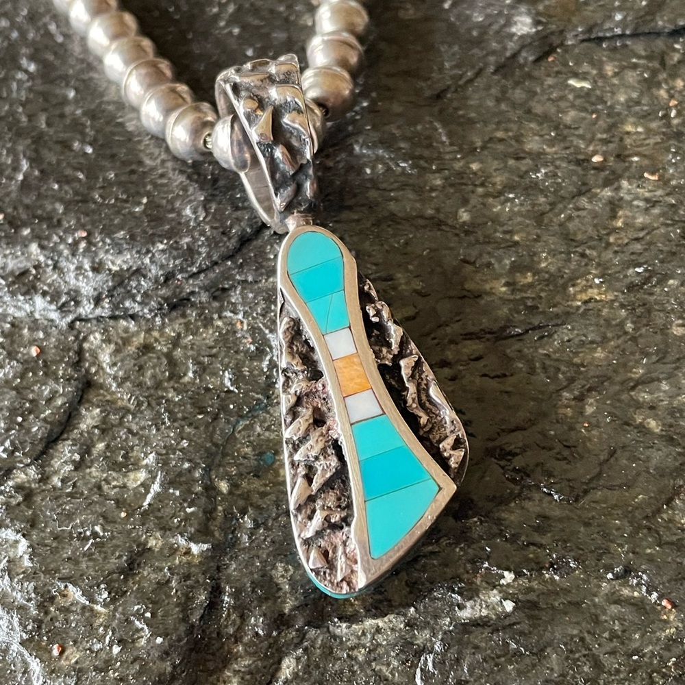 Zuni Native American Turquoise Inlaid Reversible Vintage Pendant signed Dishta